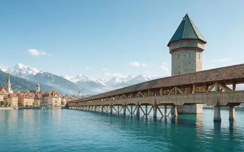 Moderner Architektur-Render zeigt Silhouette von Kapellbrücke Luzern in Luzern Schweiz, klare Linien und neutrales Tageslicht - Foto: THN