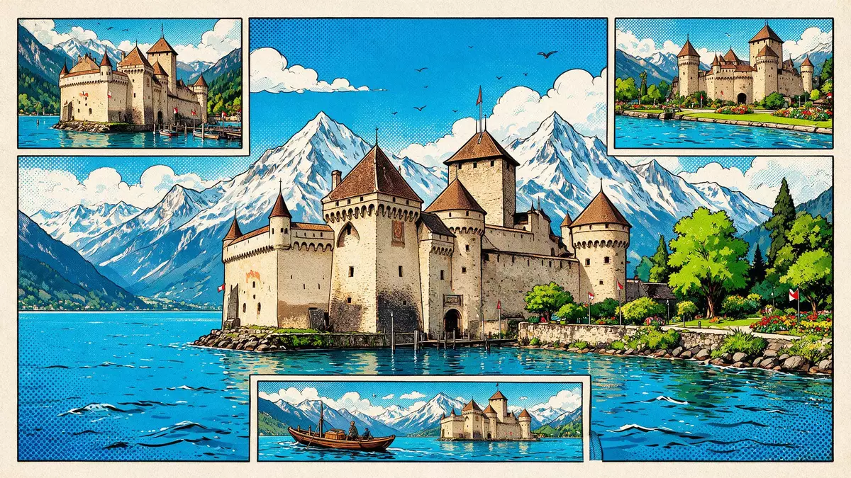 Pop-Art-Comic von Schloss Chillon in Montreux, Schweiz mit Rasterpunkten