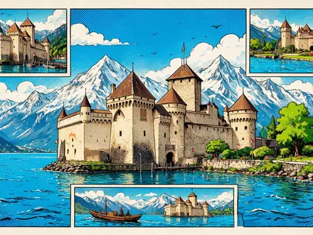 Pop-Art-Comicillustration des Wahrzeichens Schloss Chillon in Montreux Schweiz, kraeftige Konturen Rasterpunkte und satte Farben - Foto: THN