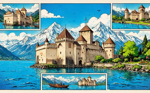 Pop-Art-Comicillustration des Wahrzeichens Schloss Chillon in Montreux Schweiz, kraeftige Konturen Rasterpunkte und satte Farben - Foto: THN