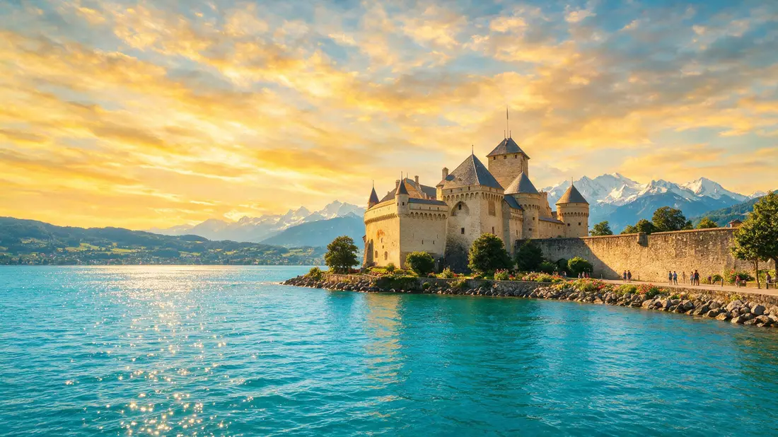 Fotorealistische Ansicht von Schloss Chillon in Montreux, Schweiz im Abendlicht