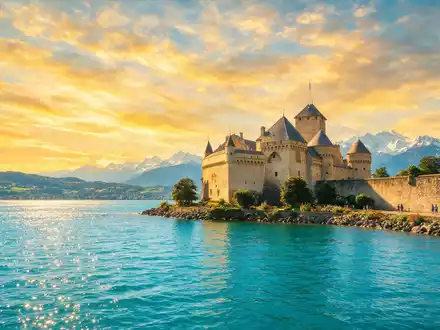 Fotorealistische Panoramaaufnahme von Schloss Chillon in Montreux Schweiz, warmes Abendlicht auf Wahrzeichen - Foto: THN