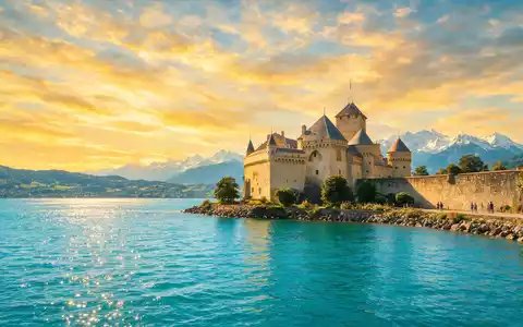 Fotorealistische Panoramaaufnahme von Schloss Chillon in Montreux Schweiz, warmes Abendlicht auf Wahrzeichen - Foto: THN
