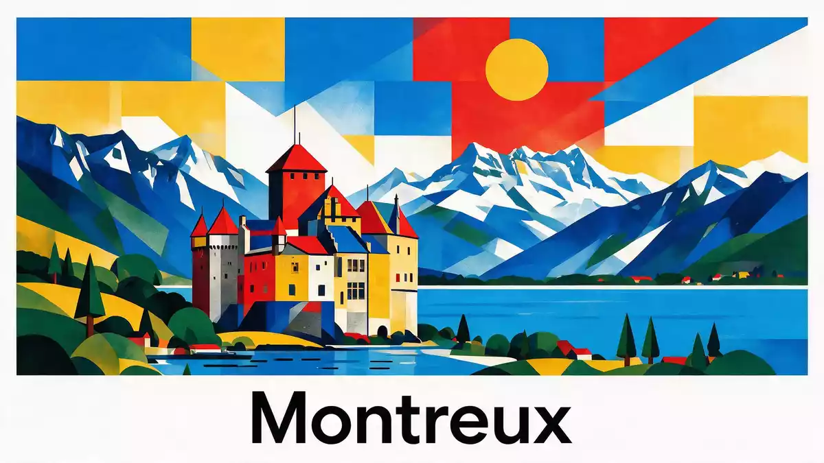 Bauhaus-Poster als Abstraktion von Schloss Chillon in Montreux, Schweiz