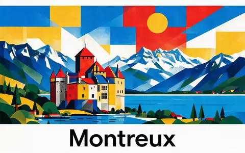 Bauhaus-Poster als geometrische Abstraktion von Schloss Chillon in Montreux Schweiz, kraeftige Grundfarben und harte Formkanten - Foto: THN