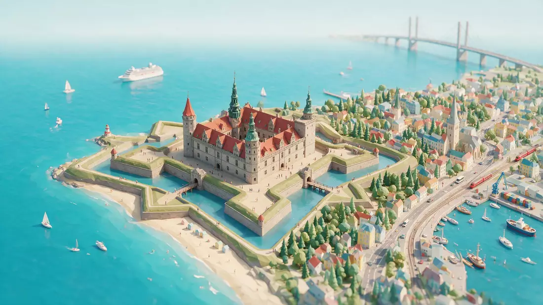 Isometrisches Diorama von Schloss Kronborg in Helsingör, Dänemark in Pastell