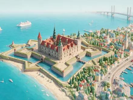 Isometrisches Diorama von Schloss Kronborg und Umgebung in Helsingör Dänemark, verspielte Low-Poly-Kulisse in Pastellfarben - Foto: THN