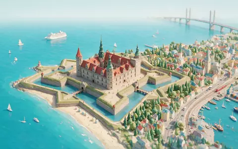 Isometrisches Diorama von Schloss Kronborg und Umgebung in Helsingör Dänemark, verspielte Low-Poly-Kulisse in Pastellfarben - Foto: THN