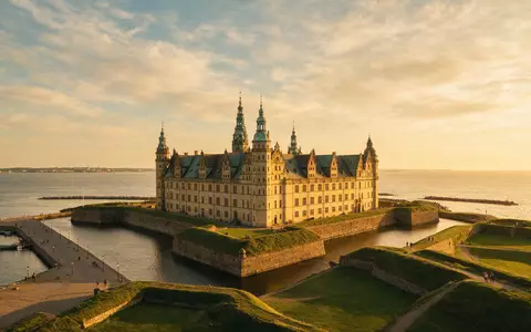 Fotorealistische Panoramaaufnahme von Schloss Kronborg in Helsingör Dänemark, warmes Abendlicht auf Wahrzeichen - Foto: THN