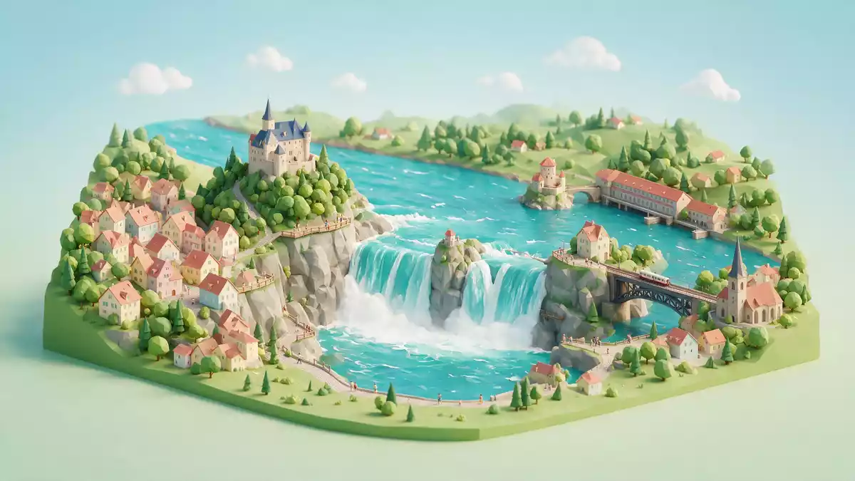 Isometrisches Diorama von Rheinfall Schaffhausen in Neuhausen am Rheinfall, Schweiz in Pastell