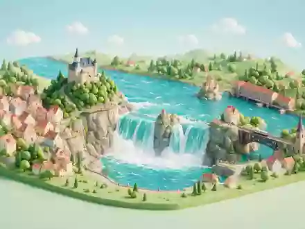 Isometrisches Diorama von Rheinfall Schaffhausen und Umgebung in Neuhausen am Rheinfall Schweiz, verspielte Low-Poly-Kulisse in - Foto: THN