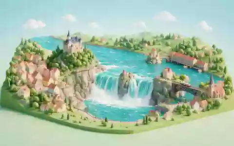 Isometrisches Diorama von Rheinfall Schaffhausen und Umgebung in Neuhausen am Rheinfall Schweiz, verspielte Low-Poly-Kulisse in - Foto: THN