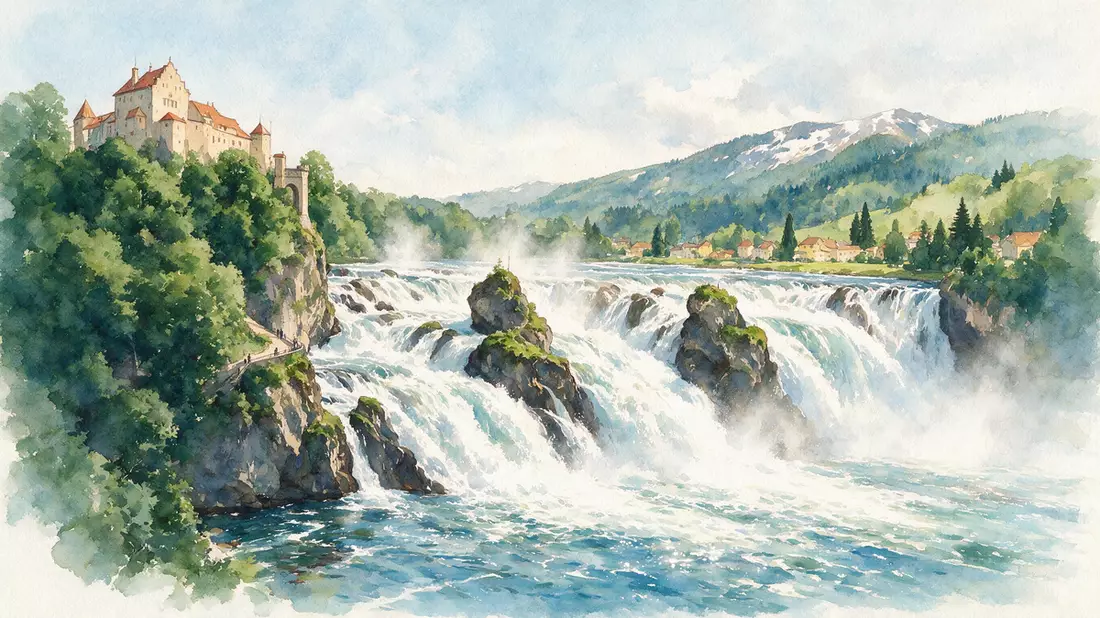 Aquarell-Illustration von Rheinfall Schaffhausen in Neuhausen am Rheinfall, Schweiz als Reis…