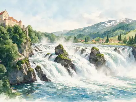 Aquarellillustration des Wahrzeichens Rheinfall Schaffhausen in Neuhausen am Rheinfall Schweiz, weiche Farbverläufe und pastelliges Reiseposter-Feeling - Foto: THN