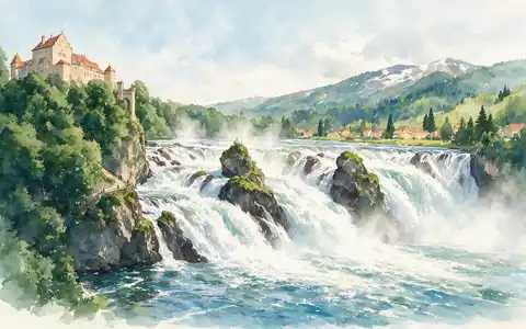 Aquarellillustration des Wahrzeichens Rheinfall Schaffhausen in Neuhausen am Rheinfall Schweiz, weiche Farbverläufe und pastelliges Reiseposter-Feeling - Foto: THN