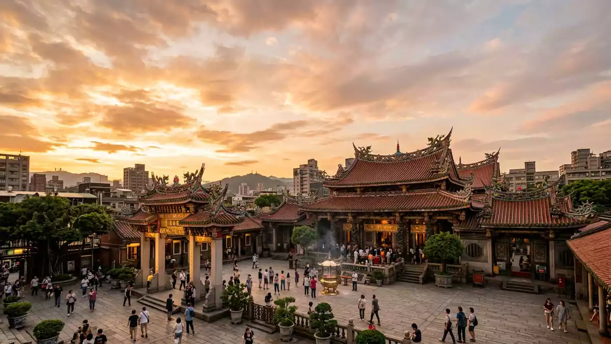Fotorealistische Ansicht von Longshan-Tempel Taipeh in Taipeh, Taiwan im Abendlicht