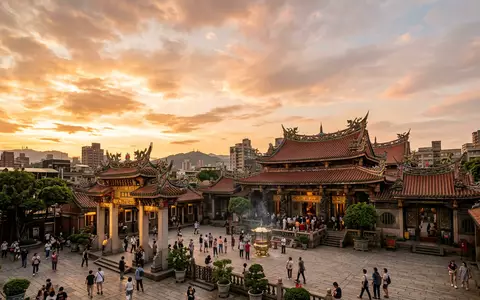Fotorealistische Panoramaaufnahme von Longshan-Tempel Taipeh in Taipeh Taiwan, warmes Abendlicht auf Wahrzeichen - Foto: THN