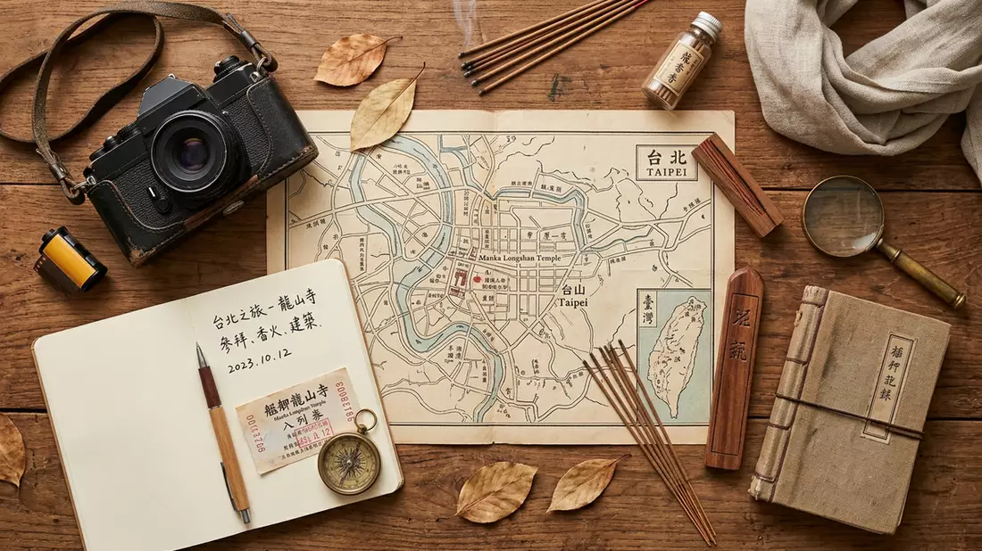 Flatlay-Reise-Arrangement rund um Longshan-Tempel Taipeh in Taipeh, Taiwan