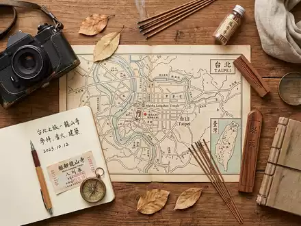 Flatlay-Reise-Arrangement rund um Longshan-Tempel Taipeh in Taipeh Taiwan, Karte Kompass Kamera und generische Reiserequisiten - Foto: THN