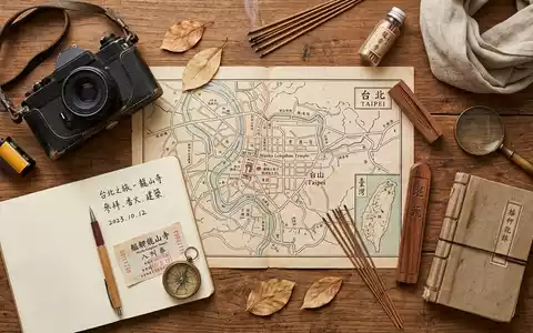 Flatlay-Reise-Arrangement rund um Longshan-Tempel Taipeh in Taipeh Taiwan, Karte Kompass Kamera und generische Reiserequisiten - Foto: THN