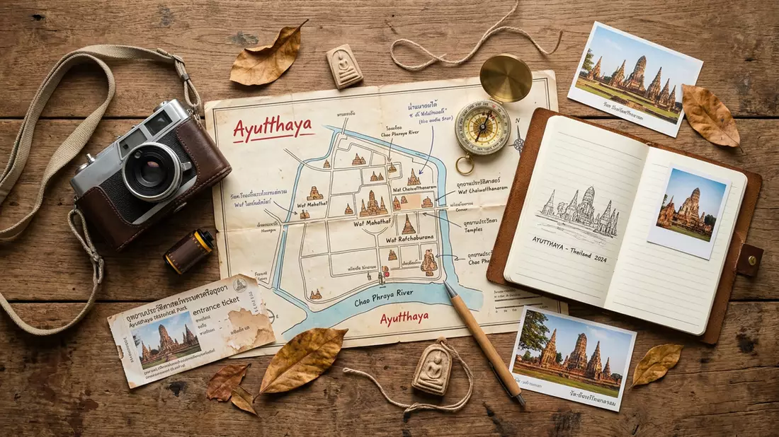 Flatlay-Reise-Arrangement rund um Historischer Park Ayutthaya in Ayutthaya, Thailand