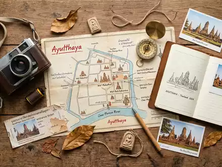 Flatlay-Reise-Arrangement rund um Historischer Park Ayutthaya in Ayutthaya Thailand, Karte Kompass Kamera und generische Reiserequisiten - Foto: THN