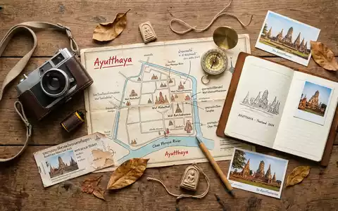Flatlay-Reise-Arrangement rund um Historischer Park Ayutthaya in Ayutthaya Thailand, Karte Kompass Kamera und generische Reiserequisiten - Foto: THN