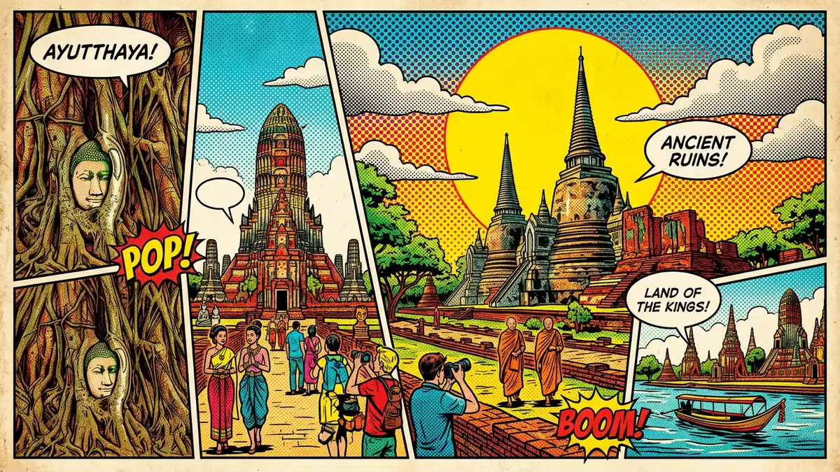 Pop-Art-Comic von Historischer Park Ayutthaya in Ayutthaya, Thailand mit Rasterpunkten