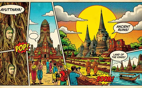 Pop-Art-Comicillustration des Wahrzeichens Historischer Park Ayutthaya in Ayutthaya Thailand, kraeftige Konturen Rasterpunkte und satte Farben - Foto: THN