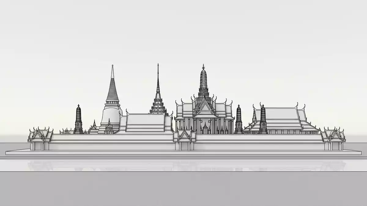 Architektur-Render von Wat Phra Kaeo Bangkok in Bangkok, Thailand bei Tageslicht