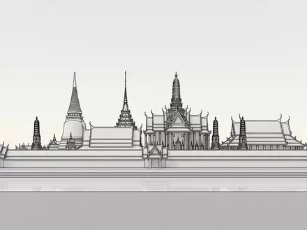 Moderner Architektur-Render zeigt Silhouette von Wat Phra Kaeo Bangkok in Bangkok Thailand, klare Linien und - Foto: THN
