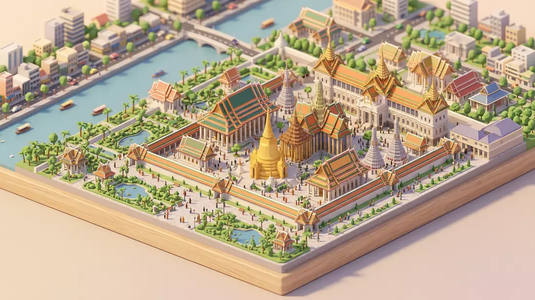 Isometrisches Diorama von Wat Phra Kaeo Bangkok in Bangkok, Thailand in Pastell