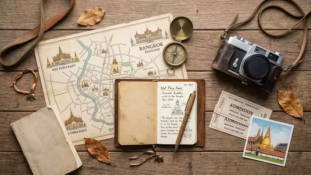 Flatlay-Reise-Arrangement rund um Wat Phra Kaeo Bangkok in Bangkok, Thailand