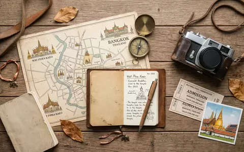 Flatlay-Reise-Arrangement rund um Wat Phra Kaeo Bangkok in Bangkok Thailand, Karte Kompass Kamera und generische - Foto: THN