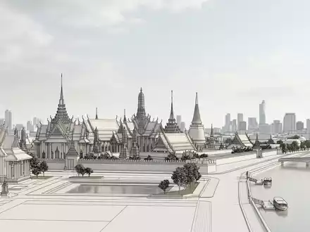 Moderner Architektur-Render zeigt Silhouette von Königspalast Bangkok in Bangkok Thailand, klare Linien und neutrales Tageslicht - Foto: THN