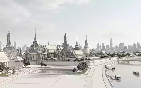 Moderner Architektur-Render zeigt Silhouette von Königspalast Bangkok in Bangkok Thailand, klare Linien und neutrales Tageslicht - Foto: THN
