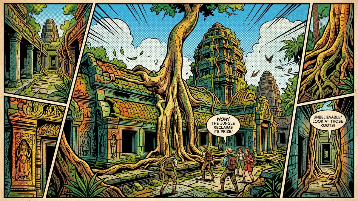 Pop-Art-Comic von Ta Prohm in Siem Reap, Kambodscha mit Rasterpunkten