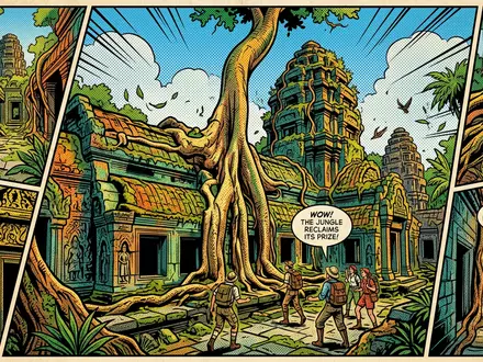 Pop-Art-Comicillustration des Wahrzeichens Ta Prohm in Siem Reap Kambodscha, kraeftige Konturen Rasterpunkte und satte Farben - Foto: THN
