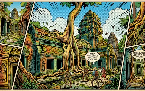 Pop-Art-Comicillustration des Wahrzeichens Ta Prohm in Siem Reap Kambodscha, kraeftige Konturen Rasterpunkte und satte Farben - Foto: THN