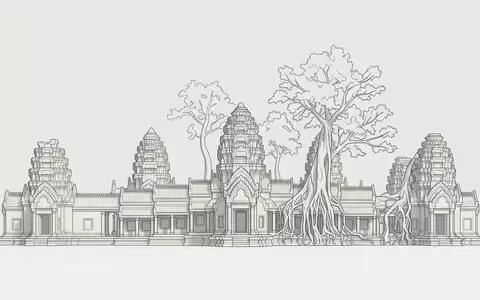 Moderner Architektur-Render zeigt Silhouette von Ta Prohm in Siem Reap Kambodscha, klare Linien und neutrales - Foto: THN