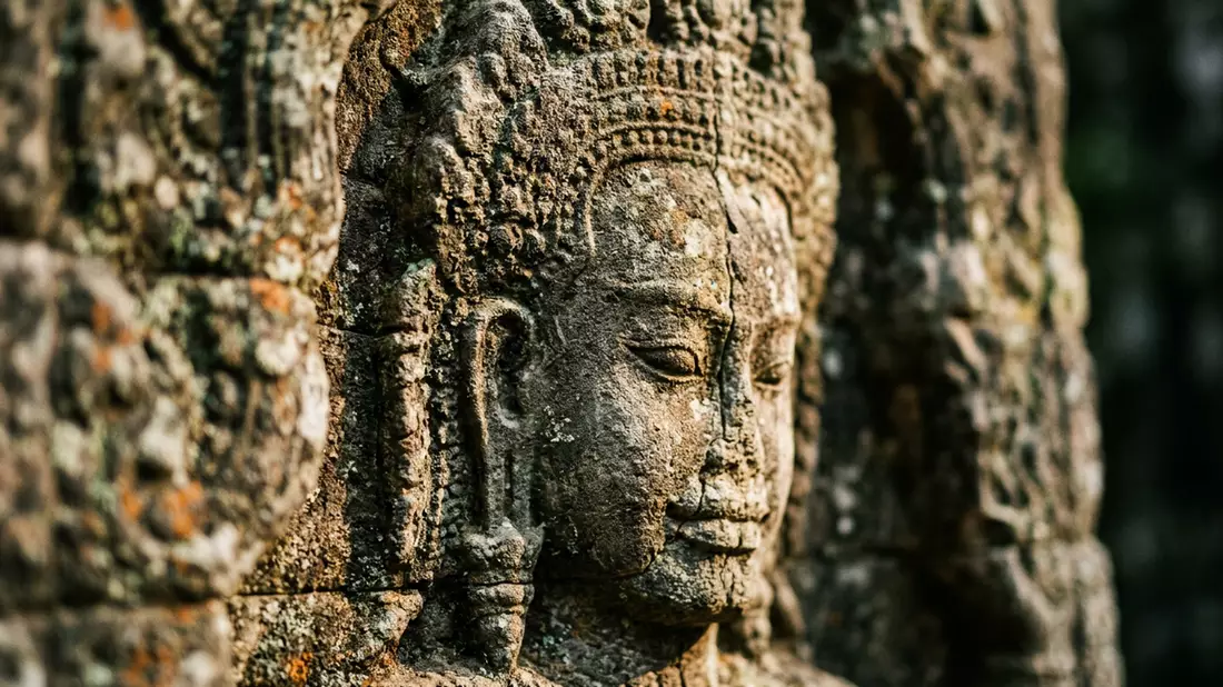 Makroaufnahme eines Materialdetails am Wahrzeichen Ta Prohm, Siem Reap Kambodscha