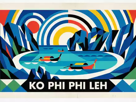 Bauhaus-Poster als geometrische Abstraktion von Maya Bay in Ko Phi Phi Leh Thailand, kraeftige Grundfarben - Foto: THN
