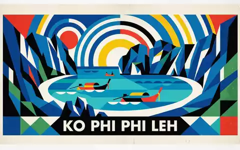 Bauhaus-Poster als geometrische Abstraktion von Maya Bay in Ko Phi Phi Leh Thailand, kraeftige Grundfarben - Foto: THN