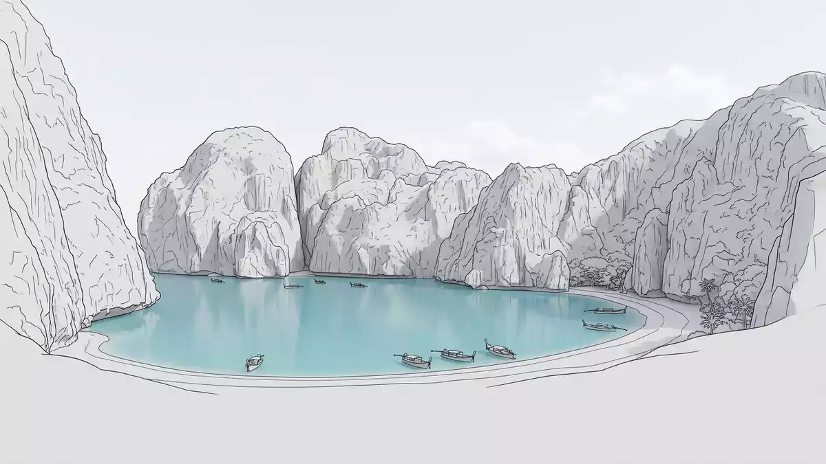 Architektur-Render von Maya Bay in Ko Phi Phi Leh, Thailand bei Tageslicht