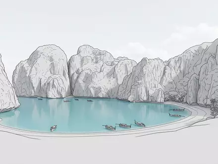 Moderner Architektur-Render zeigt Silhouette von Maya Bay in Ko Phi Phi Leh Thailand, klare Linien - Foto: THN