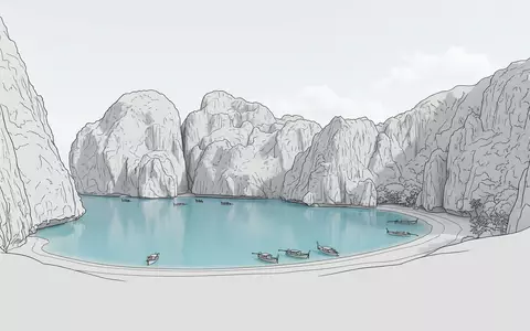 Moderner Architektur-Render zeigt Silhouette von Maya Bay in Ko Phi Phi Leh Thailand, klare Linien - Foto: THN