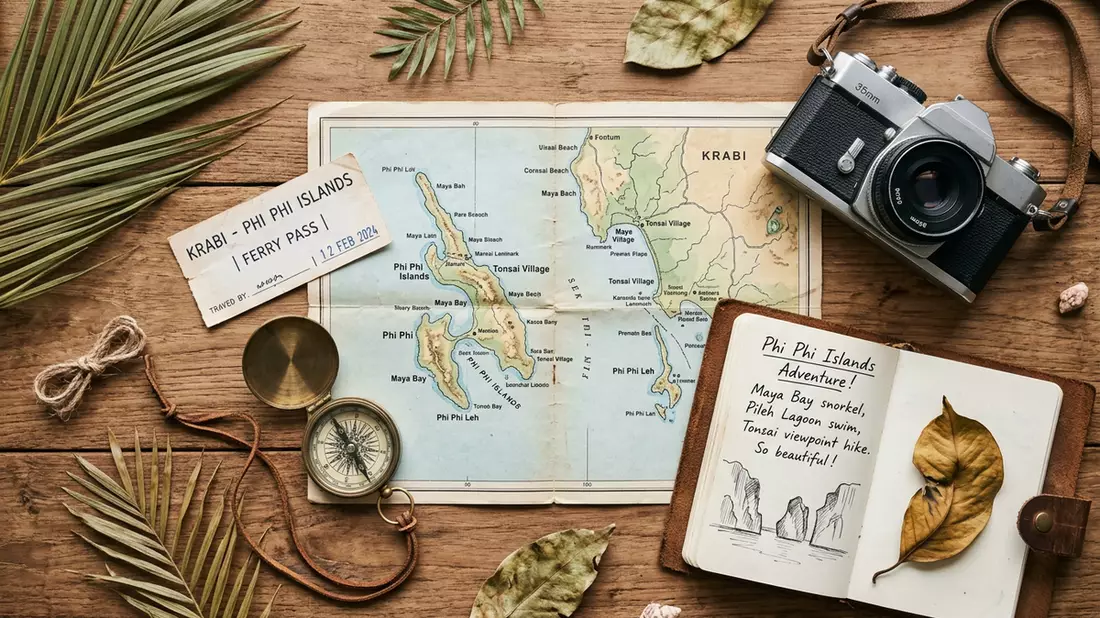 Flatlay-Reise-Arrangement rund um Phi-Phi-Inseln in Krabi, Thailand