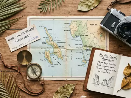Flatlay-Reise-Arrangement rund um Phi-Phi-Inseln in Krabi Thailand, Karte Kompass Kamera und generische Reiserequisiten - Foto: THN
