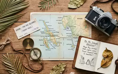 Flatlay-Reise-Arrangement rund um Phi-Phi-Inseln in Krabi Thailand, Karte Kompass Kamera und generische Reiserequisiten - Foto: THN