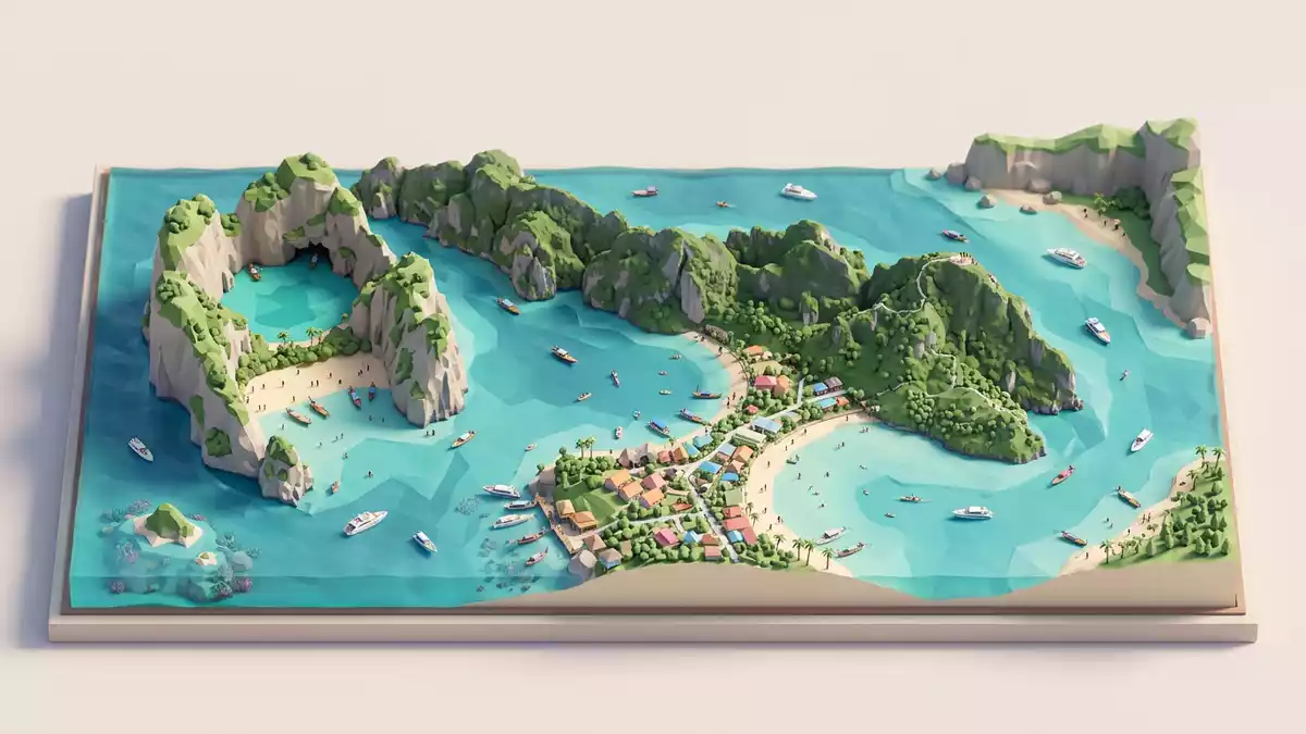 Isometrisches Diorama von Phi-Phi-Inseln in Krabi, Thailand in Pastell